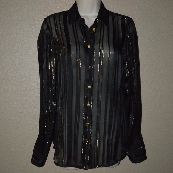 $325 Sz XS Frame Black Sheer Gold Metallic Pinstripes Long Sleeve Blouse - Picture 1 of 7